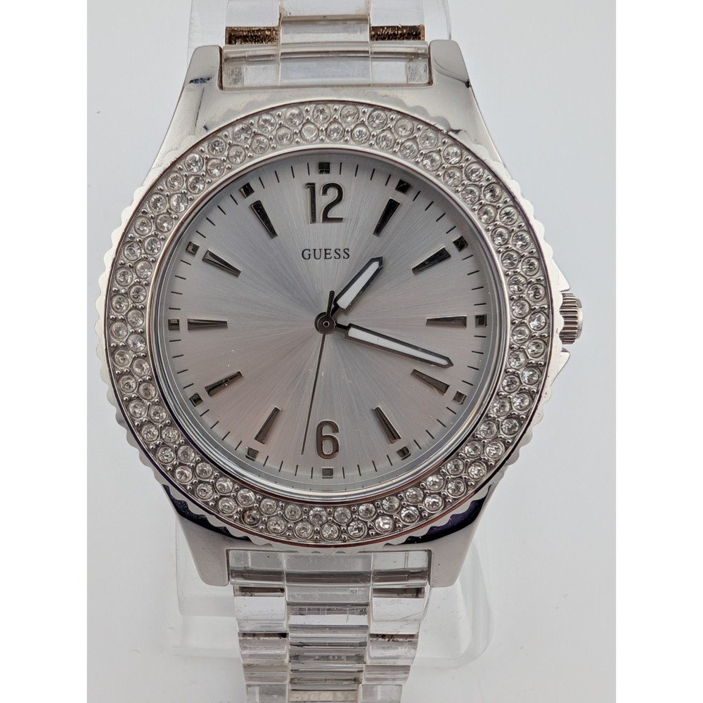 Guess Watch Women 40mm Silver Case 6.75" Clear Plastic Band- New Battery